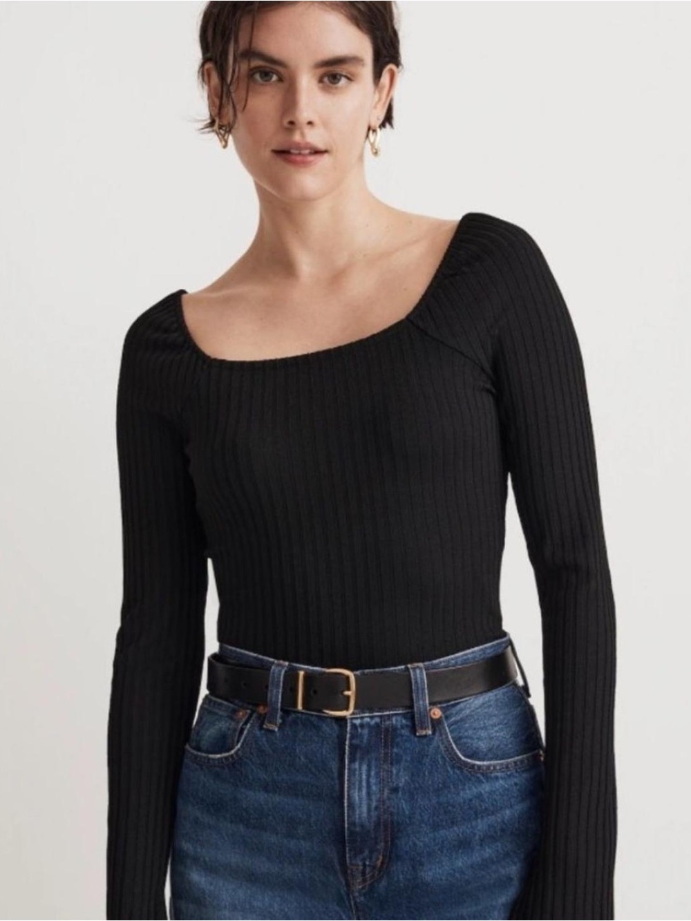 Madewell Black Ribbed Long-Sleeve Scoop Neck Top